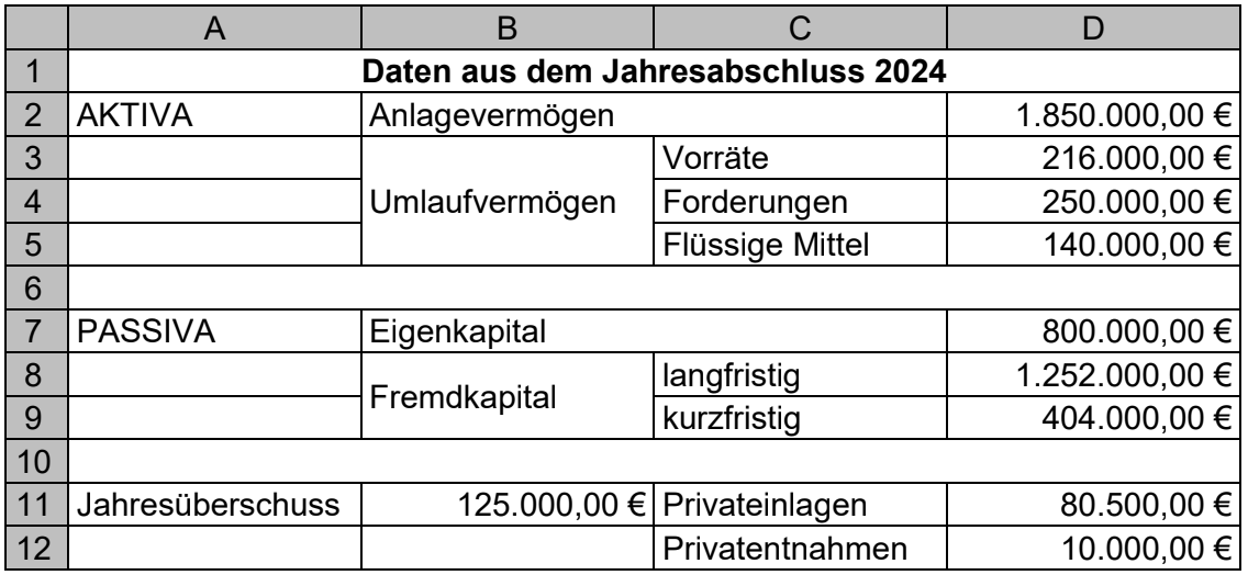 Tabelle mit dem Titel "Daten aus dem Jahresabschluss 2024" zeigt Aktiva, Passiva und Bilanzposten mit zugehörigen Beträgen.